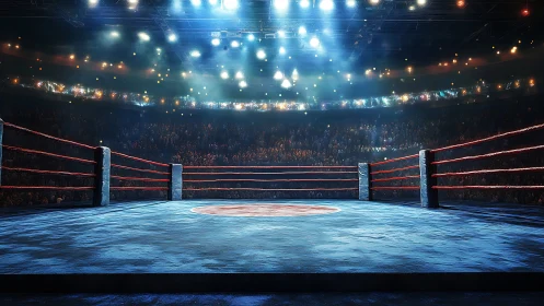 Empty Wrestling Ring Bathed in Stadium Lights
