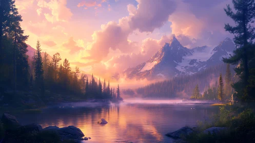 Dawn-lit alpine lake cradles mist, pines, and rose-gold peaks.