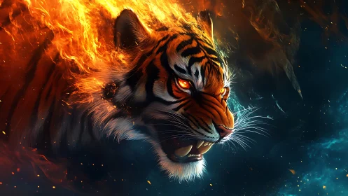 Digital rendering shows tiger head with integrated fire effects
