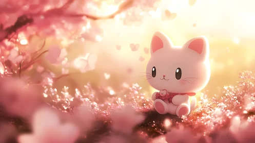 Blush-petal kitten idol basking in a heartlit sakura meadow.