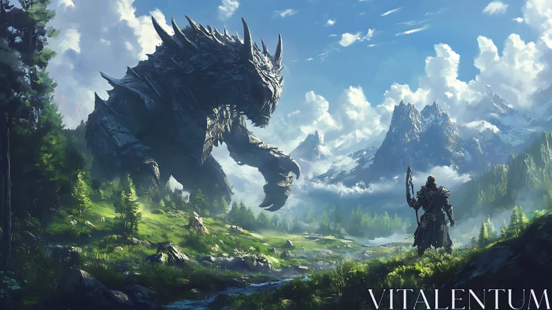 Armored warrior confronts colossal dragon in misty valley