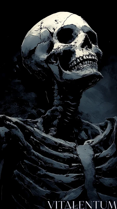 Lone human skeleton rendered in high-contrast digital study.