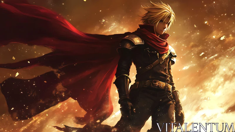 Male figure stands in ember filled environment with red cloak