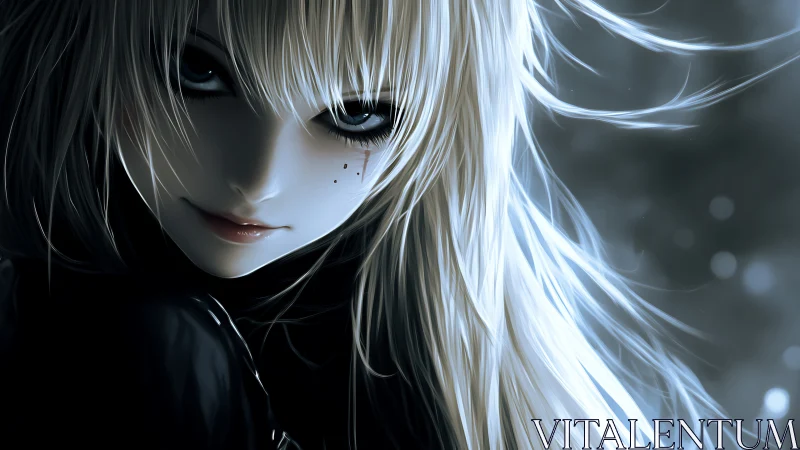 Silver-haired anime girl gazes darkly through soft blue light