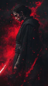 Side profile of robed figure against dense red particle field