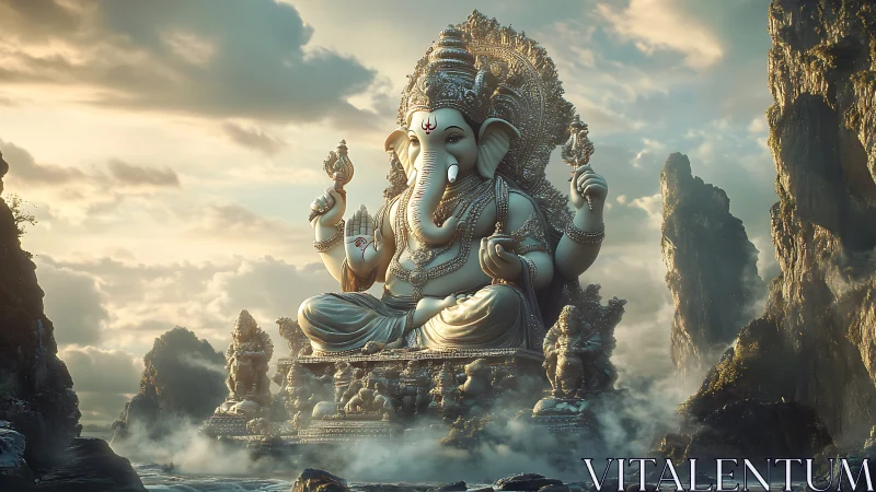 Gentle giant of the misty cliffs, serene divine presence.