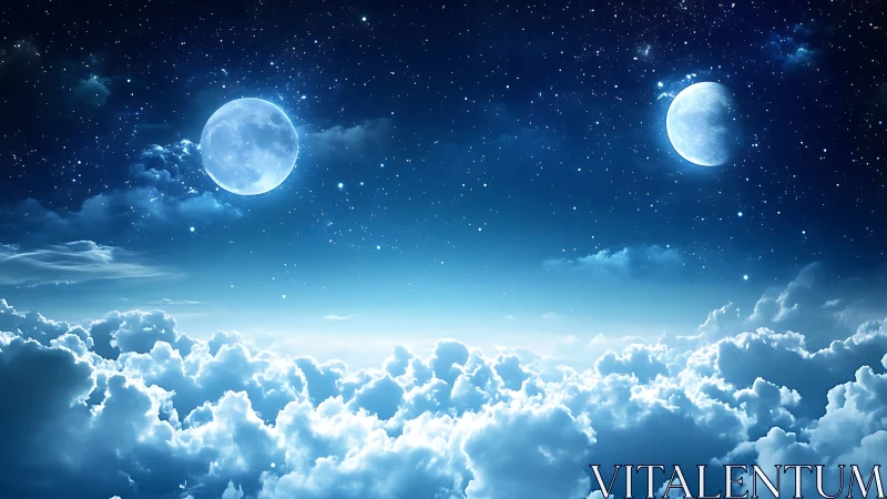 Dual moons above illuminated cloud layer at night sky.