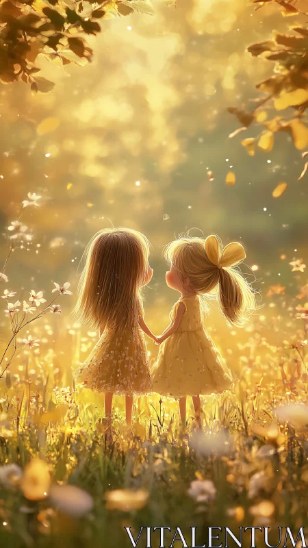 Two young girls hold hands in glowing golden meadow