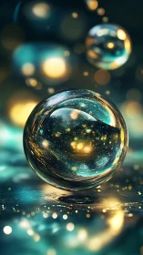 Luminous glass sphere floating above teal liquid cosmos.