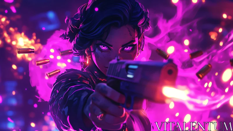 Intense gunfight scene with glowing purple energy effects.