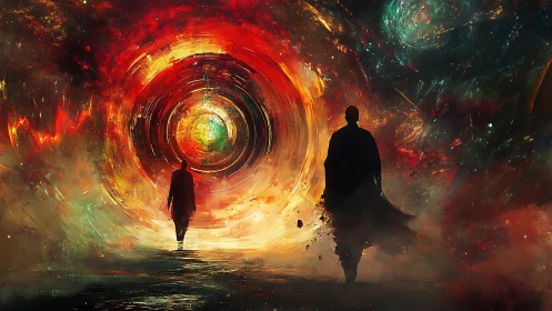 Digital painting of cosmic portal with silhouetted travelers.