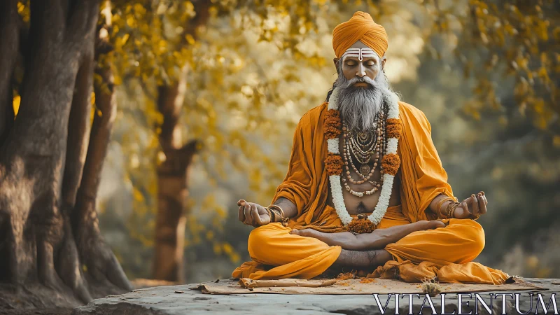 Saffron silence hums as a forest sage braids light and breath