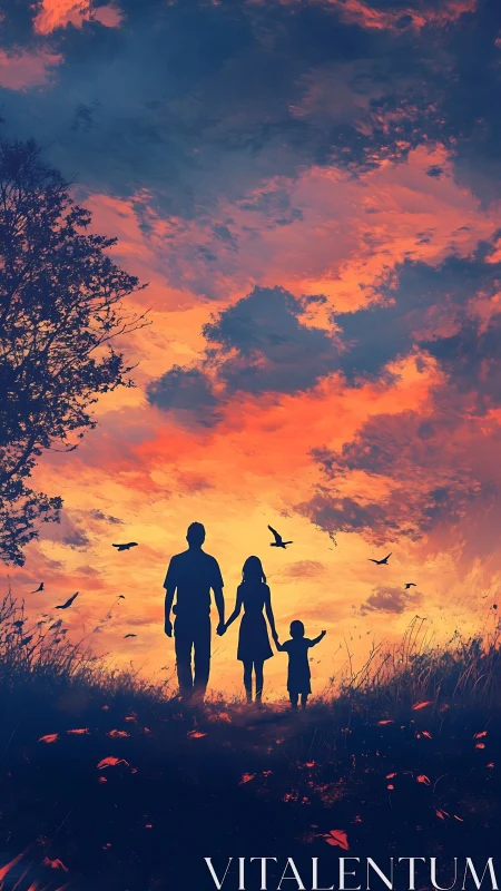Silhouetted family walks under vivid orange and blue sky