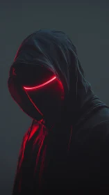 Hooded figure with red neon visor stands in dark studio