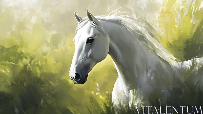 Digital painting of white horse in diffuse verdant atmosphere.