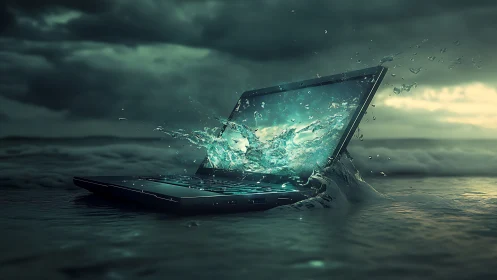 Cinematic seascape laptop splash in storm-lit digital painting.