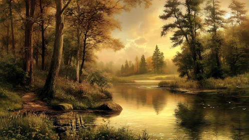 Golden forest river reflects warm evening light softly