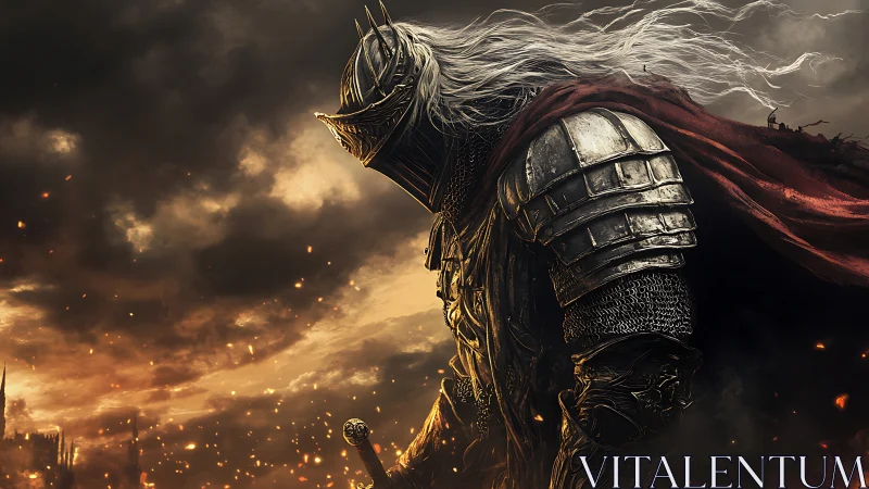 Armored knight with red cloak in fiery stormy landscape.