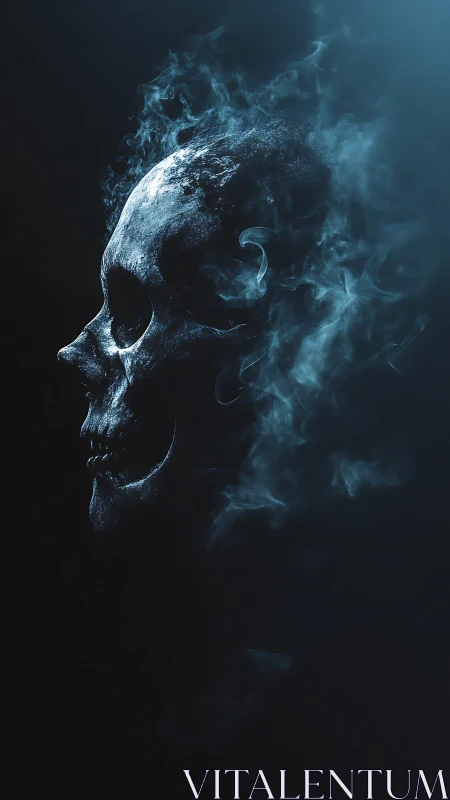 Luminous skull in drifting blue smoke on black void.