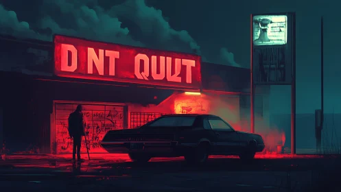Neon noir gas station scene isolates lone figure and sedan