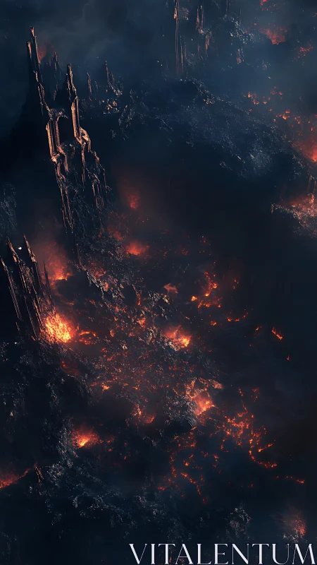 Molten spires rising over a dark, otherworldly landscape.