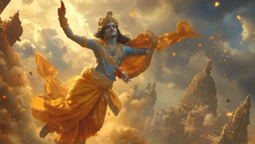 Divine blue deity ascends above burning temples in golden storm