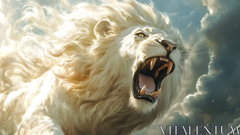 Roaring white lion rendered in dynamic high-detail digital painting