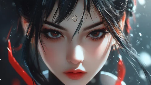 Hyper-detailed anime portrait of stoic warrior woman in snow