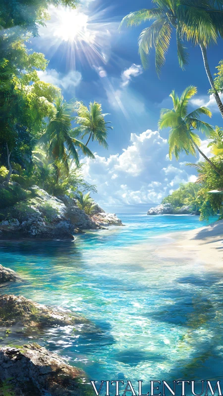 Tropical Cove with Turquoise Waters and Palm Trees.