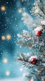 Snow-dusted fir branches frame glossy red baubles in bokeh