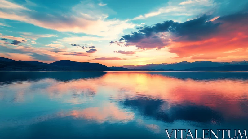Lake surface reflecting multicolored sunset cloud formations.