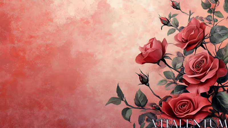 Red Roses Against Coral Gradient with Botanical Details
