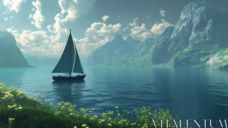 Digital painting of alpine lake sailboat in atmospheric light.