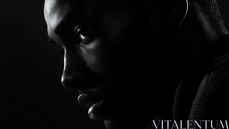 Low key side portrait in dramatic directional rim light.