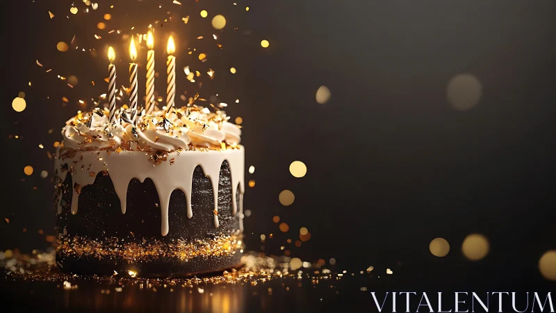 Luxurious birthday cake with gold sparkles and lit candles.