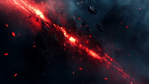 Red fissure through dark cosmic debris field in space.