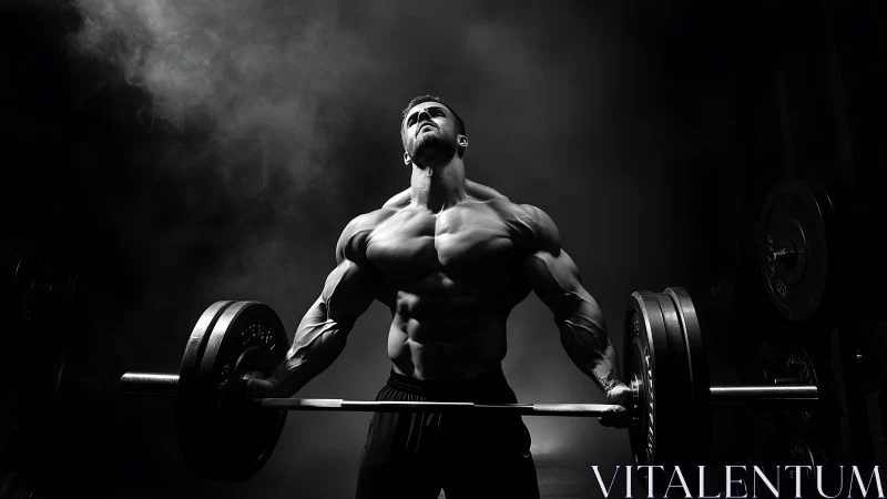 Muscular bodybuilder lifts heavy barbell under dramatic light.