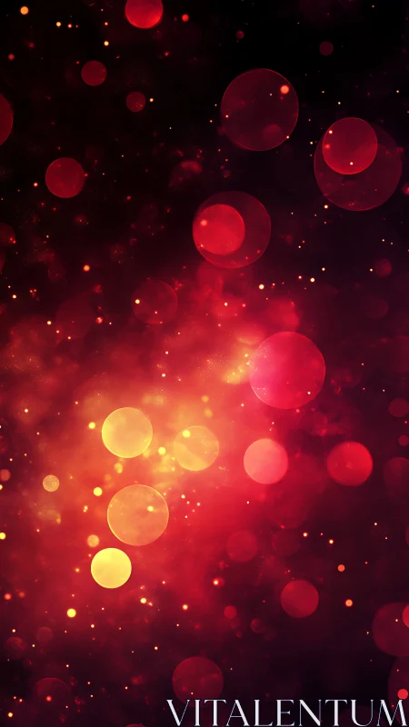 Luminous red bokeh orbs over dark cosmic gradient field.