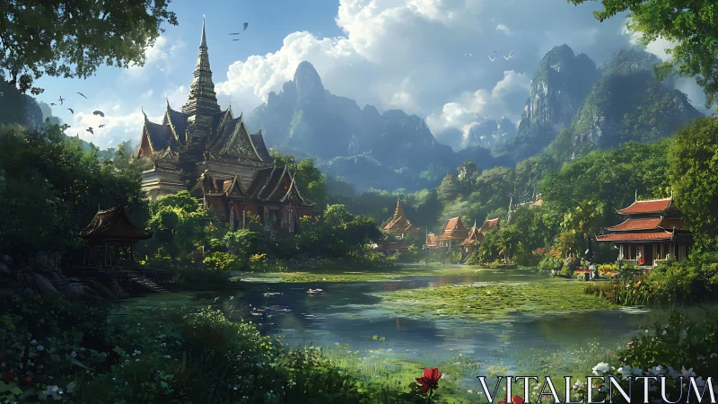 Temple lagoon breathing emerald hush beneath clouded peaks.