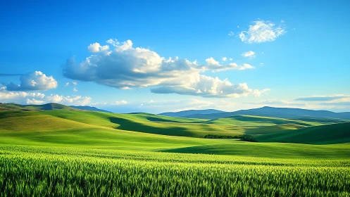 Sunlit green hills under bright blue sky with clouds.