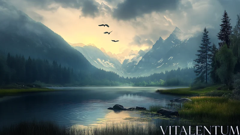 Mountain lake landscape shows forested slopes and cloud cover