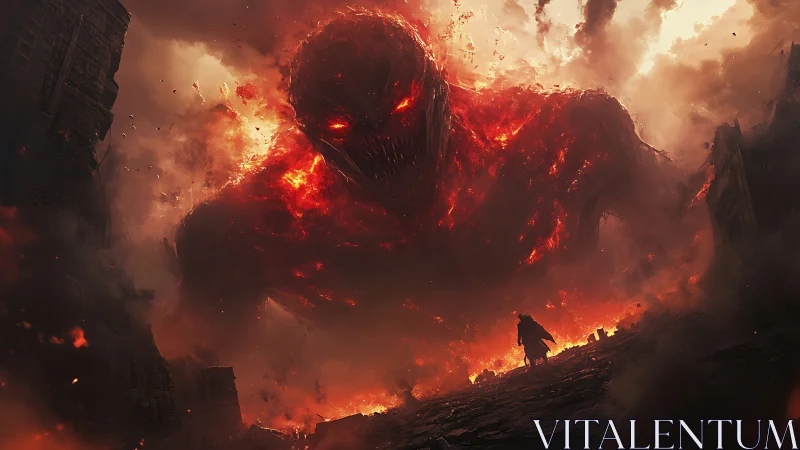 Colossal molten demon emerges from urban ruins amid volcanic firestorm