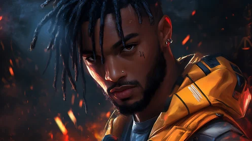 Male subject with yellow tech vest amid glowing embers.