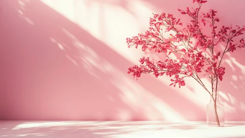 Pink Flowering Branches in Sunlit Minimalist Interior