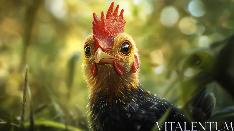 Rooster Portrait with Red Comb Against Green Background.