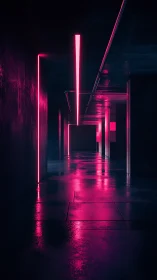 Neon corridor with pink reflective light and deep shadows.
