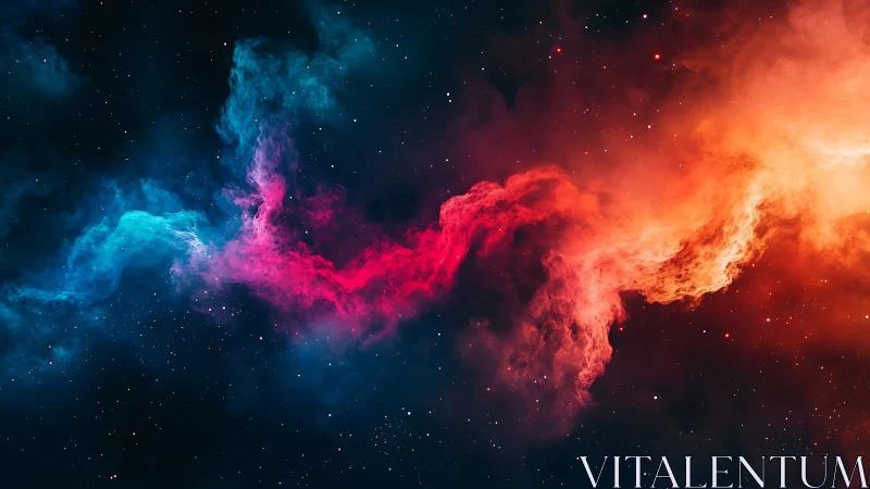 Vibrant tricolor nebula cloud spans deep starfield space