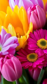 Vibrant Bloom Composition: Gerberas and Tulips in Chromatic Harmony