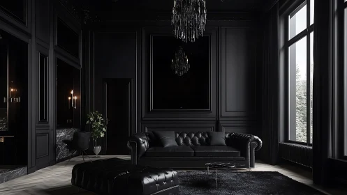 Monochromatic black living room with leather sofa and windows.