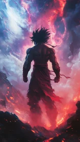 Warrior silhouette faces erupting sky over molten ground